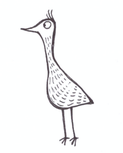 Eine Illustration eines Vogels. Der Vogel hat einen längeren Hals und drei fetzige Haare auf dem Kopf.