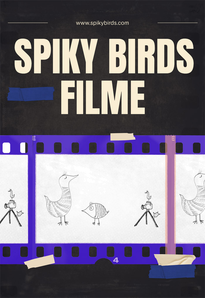 Eine Collage zeigt einen mit Klebestreifen festgeklebten Filmstreifen. Ein illustriertes Bild des Filmstreifens zeigt zwei Vögel, die eine Filmszene spielen: ein Vogel hebt den Kopf mit geschlossenen Augen, der andere hat große geweitete Augen. Die beiden werden von zwei kleineren auf einer Kamera sitzenden Vögeln gefilmt. In heller Sepiafarbe auf dunklem Grund steht: "Spiky Birds Filme".