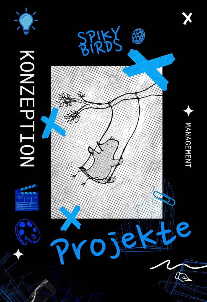 Eine Collage zeigt eine Illustration eines kleinen Vogels. Der Vogel sitzt mit geschlossenen Augen auf einer Schaukel, die an einen Baumast gebunden ist. In blauen Buchstaben auf schwarzem Grund steht: Projekte. In weißen Buchstaben auf schwarzem Grund steht: Konzeption und Management.