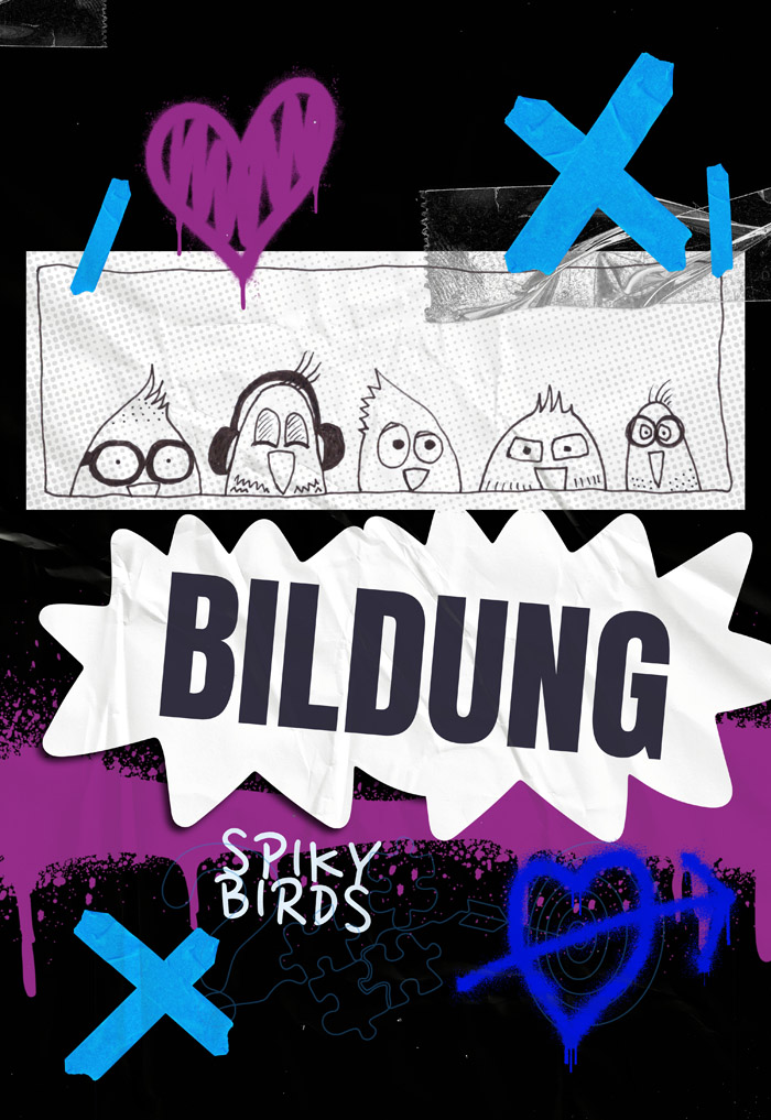 Eine Collage zeigt eine Illustration vieler kleiner Vögel, die aus einem Bilderrahmen gucken. Zwei Vögel tragen jeweils eine Brille, ein Vogel trägt Kopfhörer. In dunkelgrauen Buchstaben auf weißem Grund steht: Bildung.
